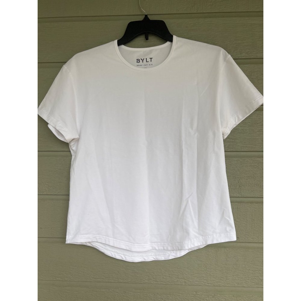 BYLT Womens Drop Cut Short Sleeve LUX White Shirt Size Large